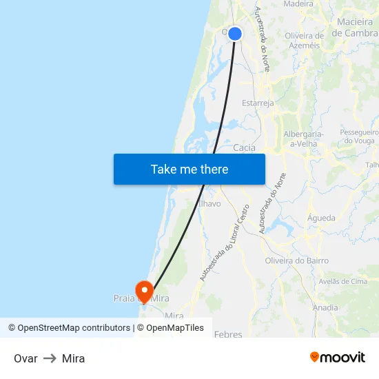 Ovar to Mira map