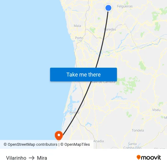 Vilarinho to Mira map