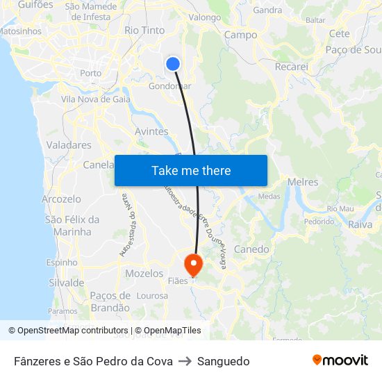 Fânzeres e São Pedro da Cova to Sanguedo map