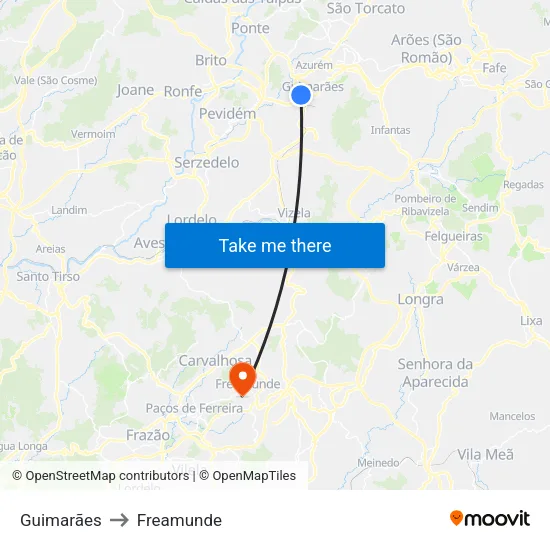 Guimarães to Freamunde map
