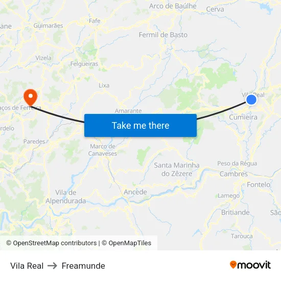 Vila Real to Freamunde map