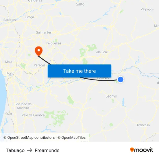 Tabuaço to Freamunde map