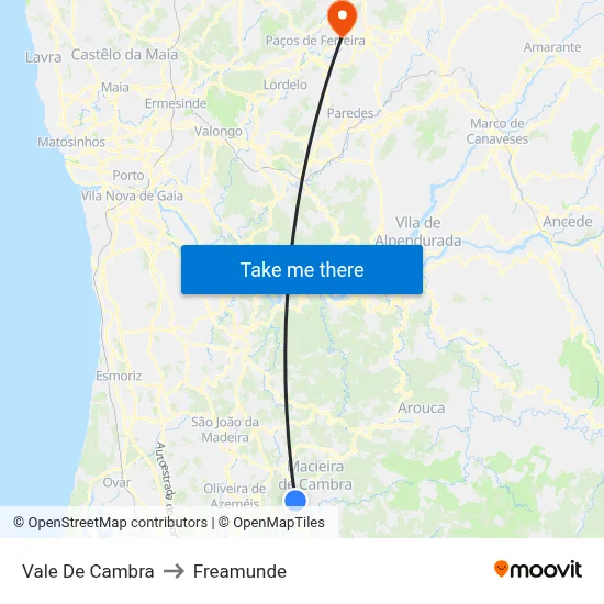 Vale De Cambra to Freamunde map