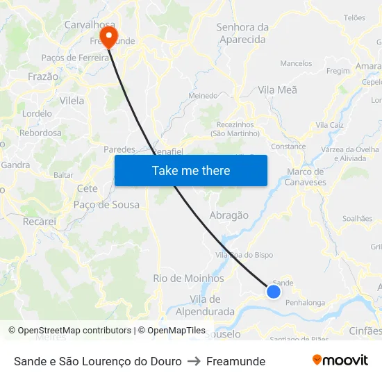 Sande e São Lourenço do Douro to Freamunde map