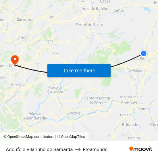 Adoufe e Vilarinho de Samardã to Freamunde map