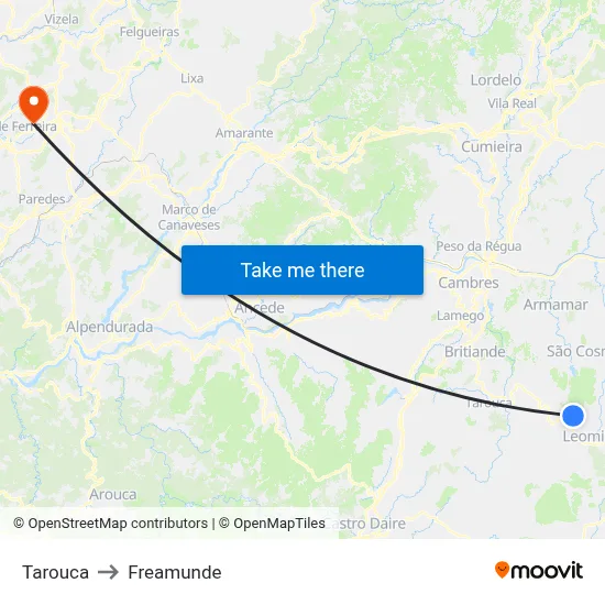 Tarouca to Freamunde map