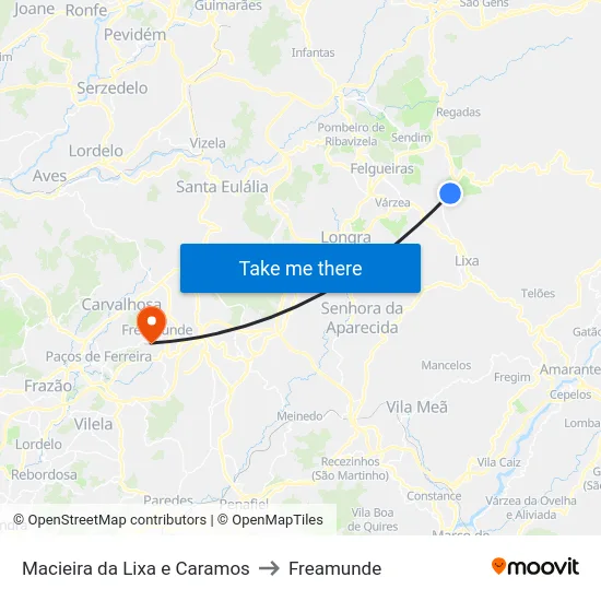 Macieira da Lixa e Caramos to Freamunde map