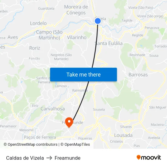 Caldas de Vizela to Freamunde map