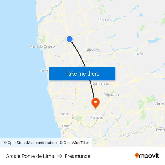 Arca e Ponte de Lima to Freamunde map