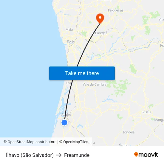 Ílhavo (São Salvador) to Freamunde map