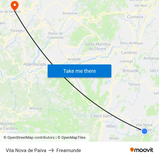 Vila Nova de Paiva to Freamunde map