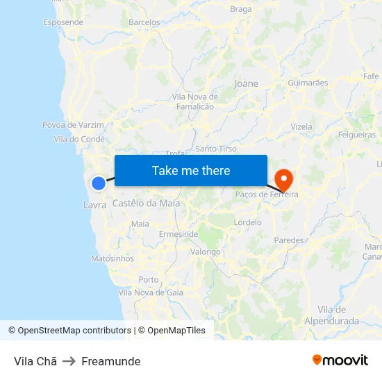 Vila Chã to Freamunde map