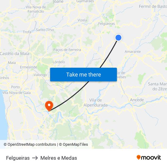 Felgueiras to Melres e Medas map