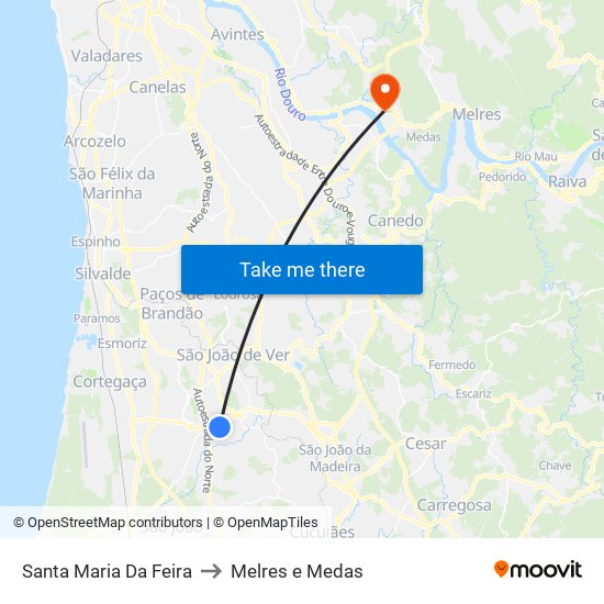 Santa Maria Da Feira to Melres e Medas map