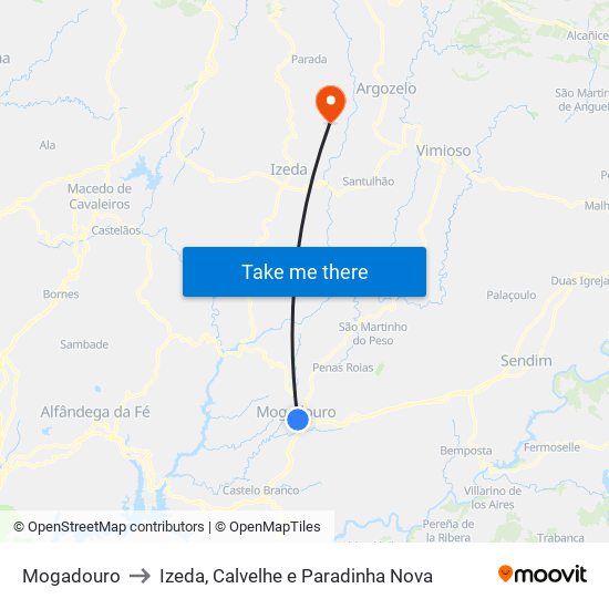 Mogadouro to Izeda, Calvelhe e Paradinha Nova map