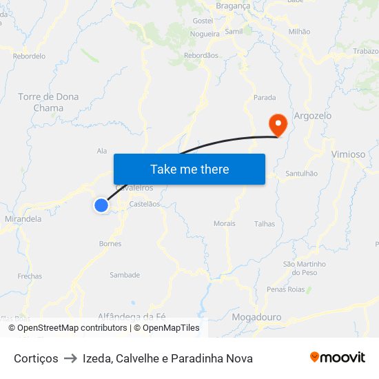 Cortiços to Izeda, Calvelhe e Paradinha Nova map