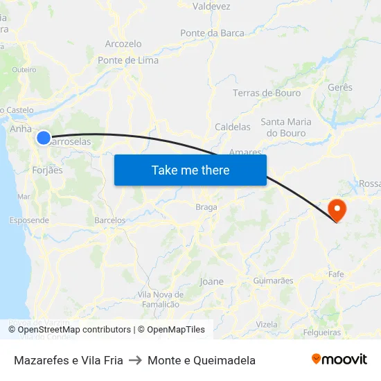 Mazarefes e Vila Fria to Monte e Queimadela map