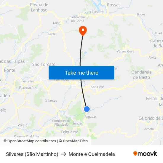 Silvares (São Martinho) to Monte e Queimadela map
