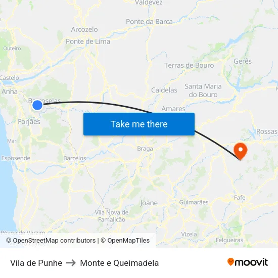 Vila de Punhe to Monte e Queimadela map