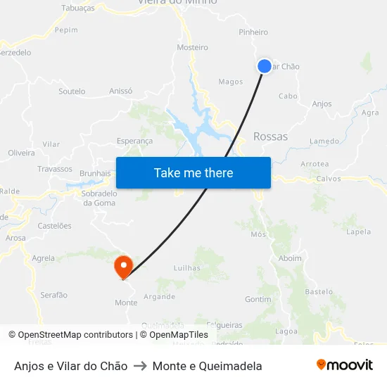 Anjos e Vilar do Chão to Monte e Queimadela map