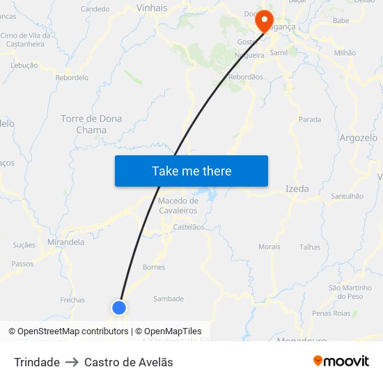 Trindade to Castro de Avelãs map