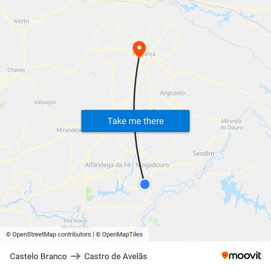 Castelo Branco to Castro de Avelãs map