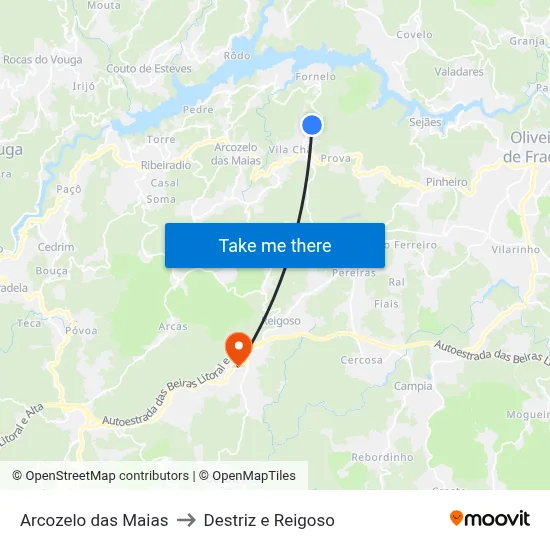 Arcozelo das Maias to Destriz e Reigoso map