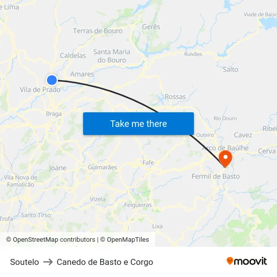 Soutelo to Canedo de Basto e Corgo map