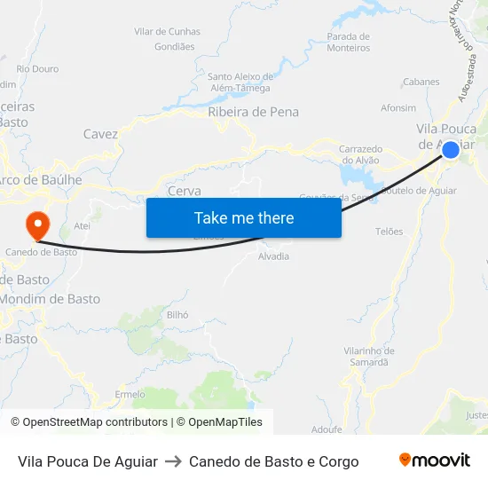Vila Pouca De Aguiar to Canedo de Basto e Corgo map