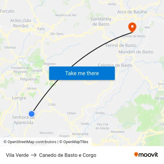 Vila Verde to Canedo de Basto e Corgo map