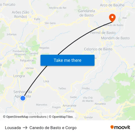 Lousada to Canedo de Basto e Corgo map