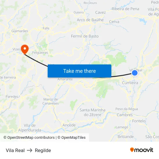 Vila Real to Regilde map