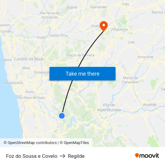 Foz do Sousa e Covelo to Regilde map