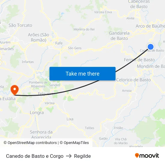 Canedo de Basto e Corgo to Regilde map