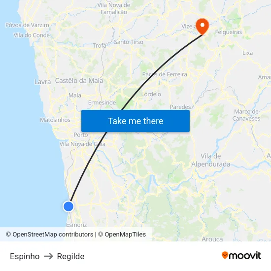 Espinho to Regilde map