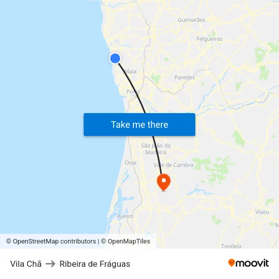 Vila Chã to Ribeira de Fráguas map