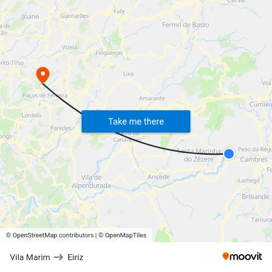 Vila Marim to Eiriz map