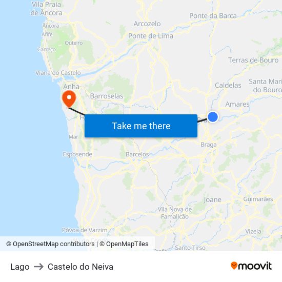 Lago to Castelo do Neiva map