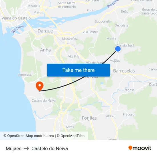 Mujães to Castelo do Neiva map