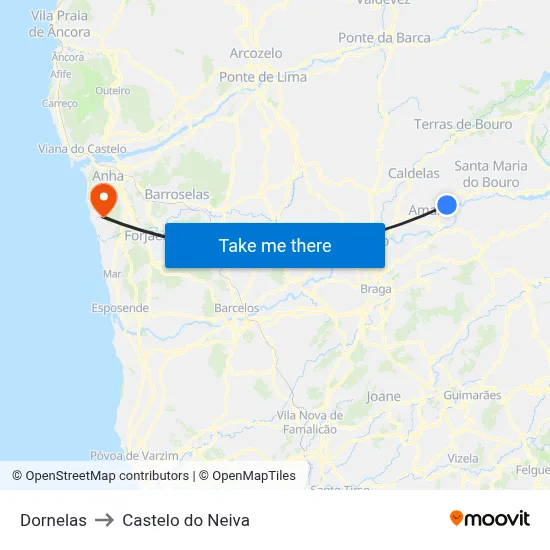 Dornelas to Castelo do Neiva map