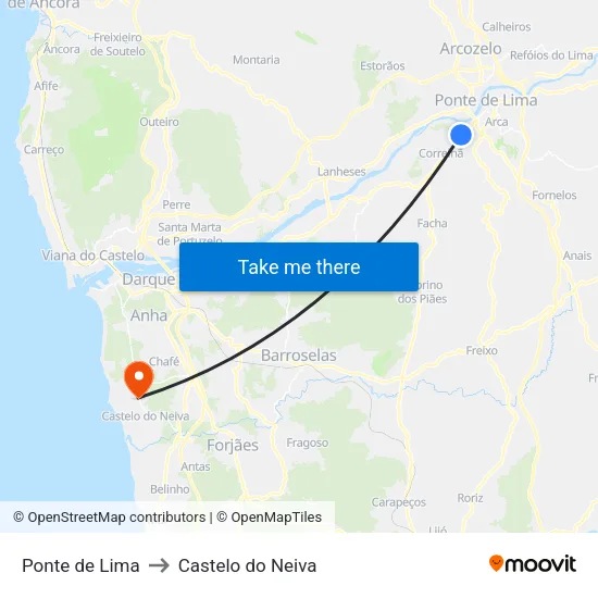 Ponte de Lima to Castelo do Neiva map
