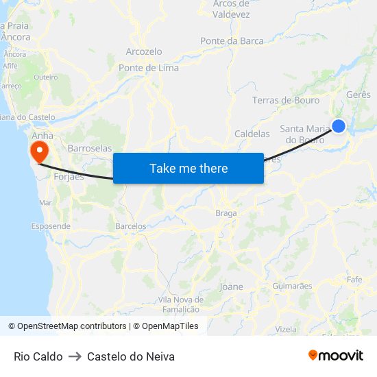Rio Caldo to Castelo do Neiva map