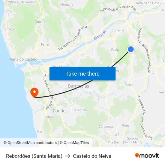 Rebordões (Santa Maria) to Castelo do Neiva map