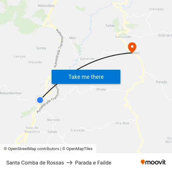 Santa Comba de Rossas to Parada e Faílde map