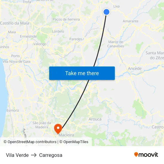 Vila Verde to Carregosa map