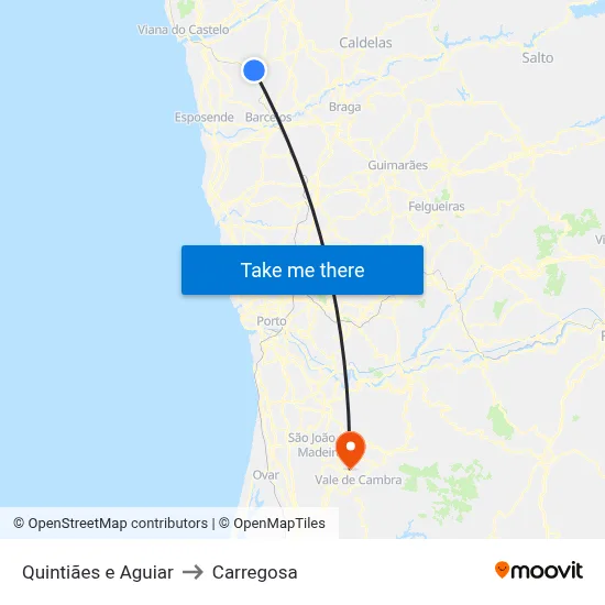 Quintiães e Aguiar to Carregosa map