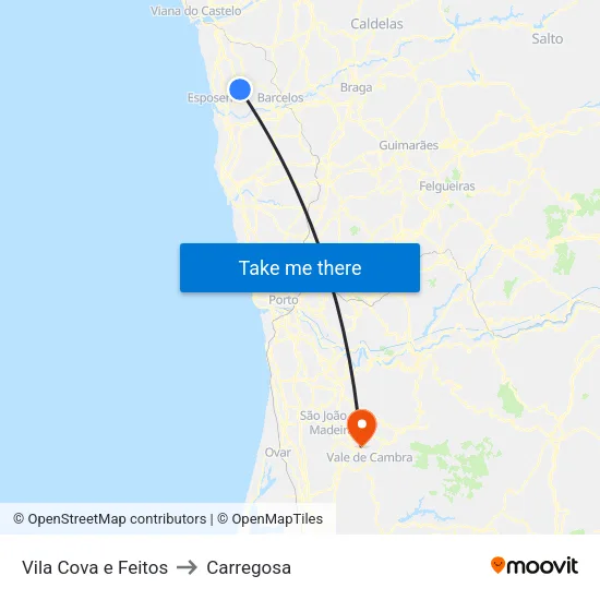 Vila Cova e Feitos to Carregosa map