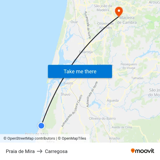 Praia de Mira to Carregosa map