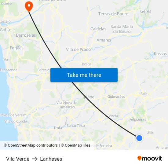 Vila Verde to Lanheses map