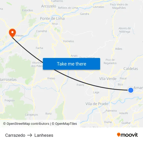 Carrazedo to Lanheses map